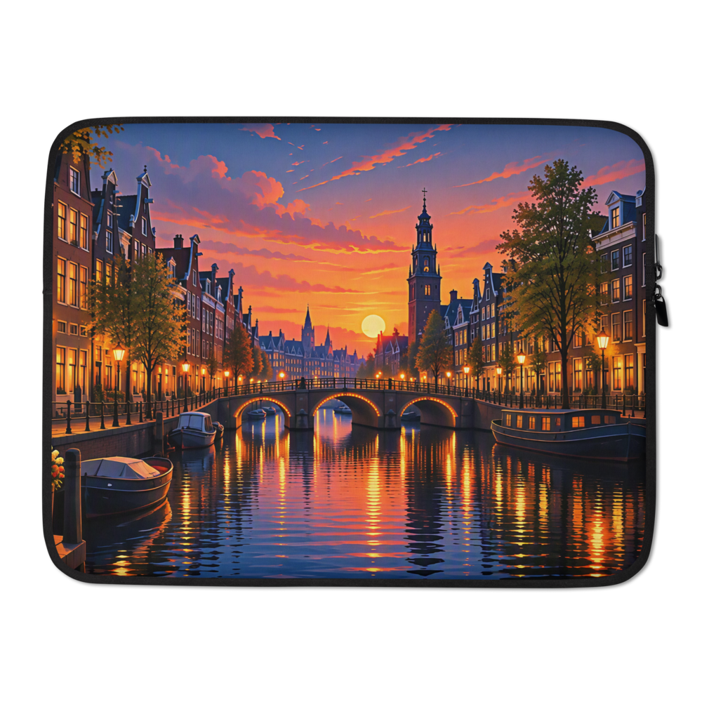 Amsterdam laptop sleeve with canal houses, a bridge and sunset reflections