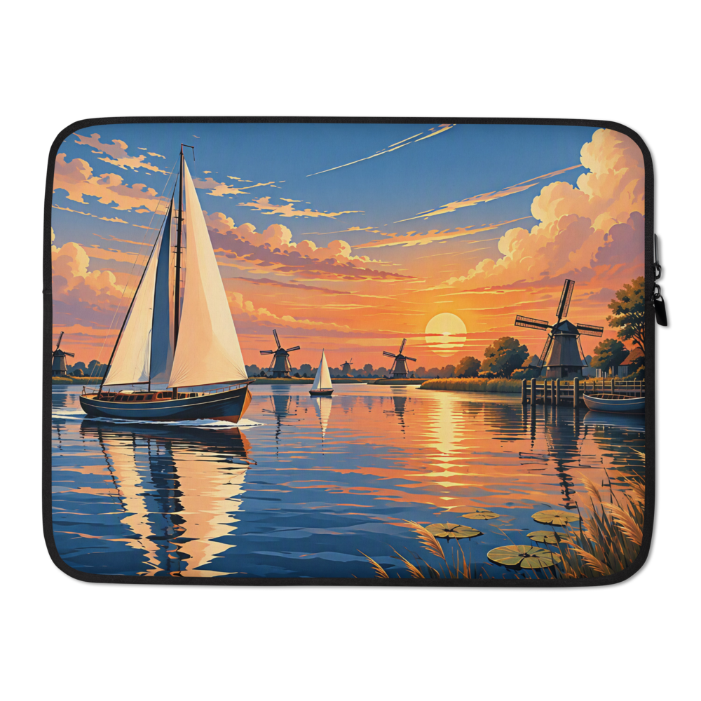 Boat laptop sleeve with sailing boats and Dutch windmills at sunset
