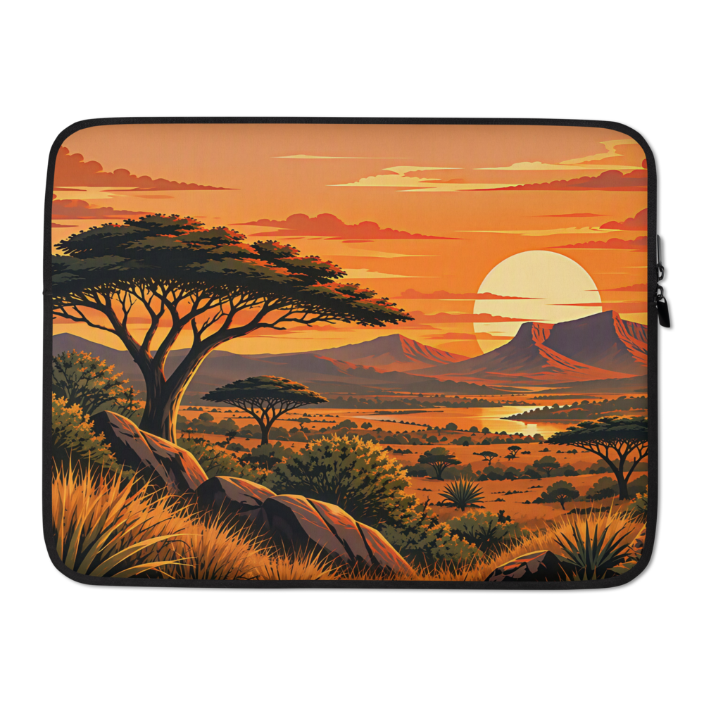 Bushveld laptop sleeve with acacia trees and a golden African sunset