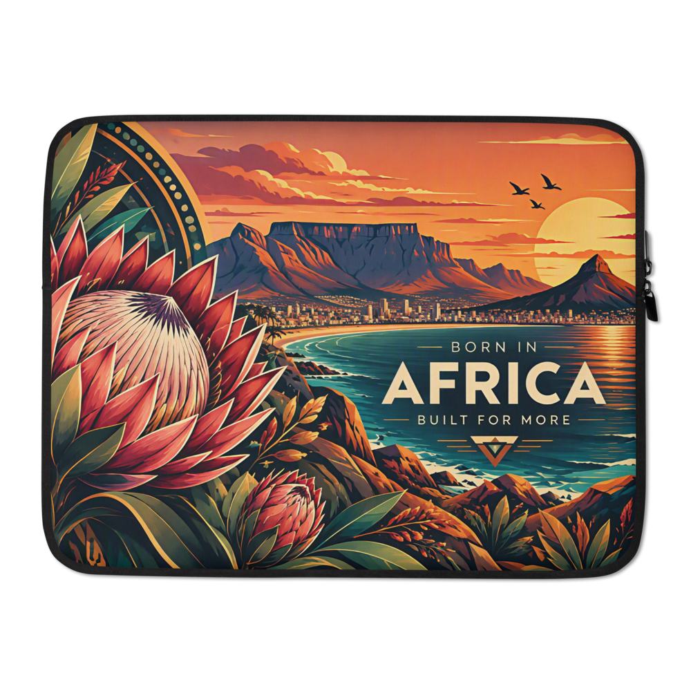 Protea laptop sleeve featuring a protea flower, Table Mountain and a coastal sunset