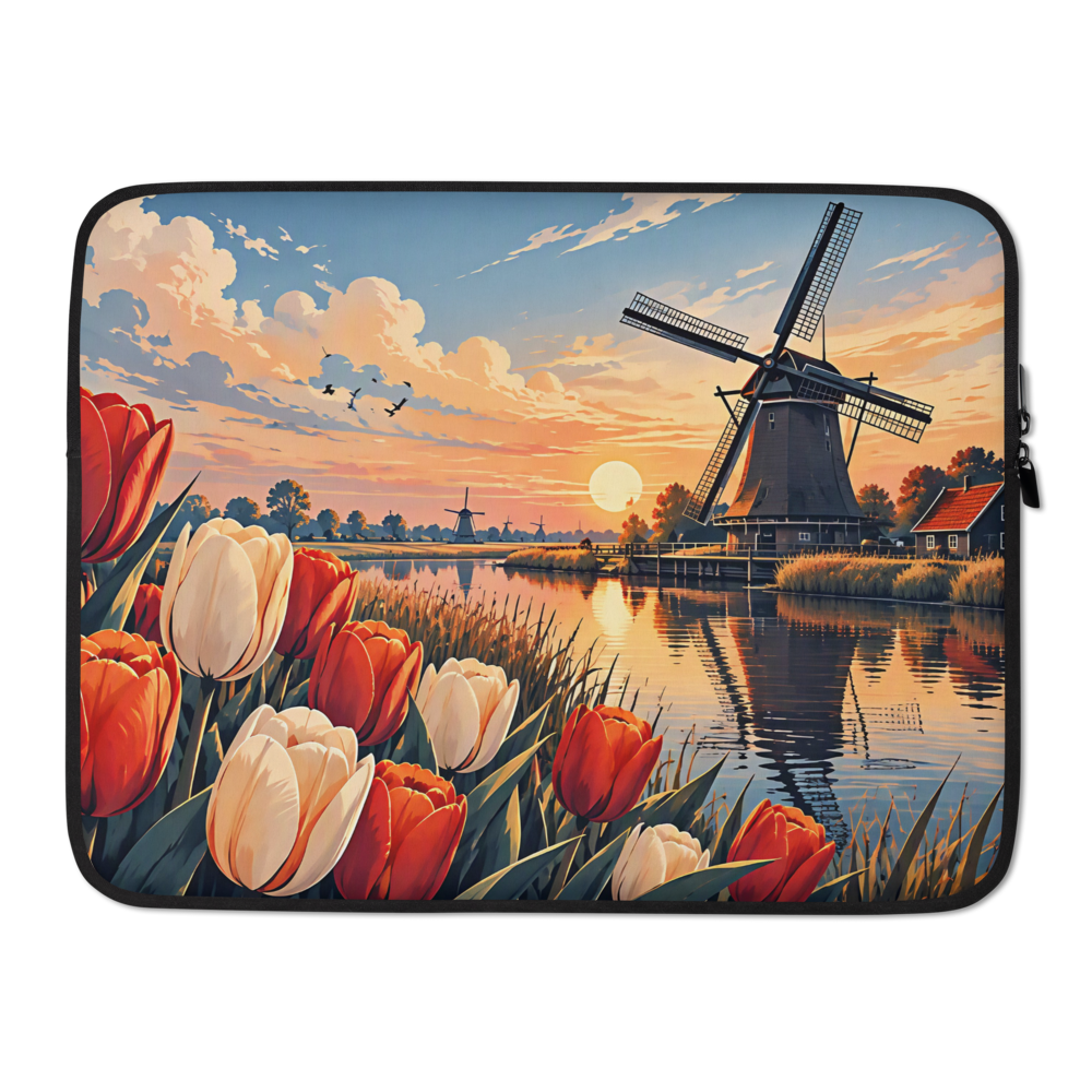 Tulp laptop sleeve with red and cream tulips beside a Dutch windmill
