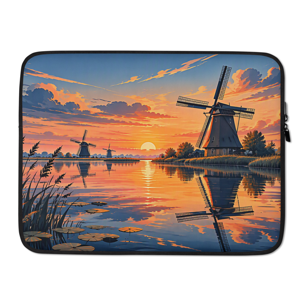 Windmills laptop sleeve with Dutch windmills reflected in water at sunset